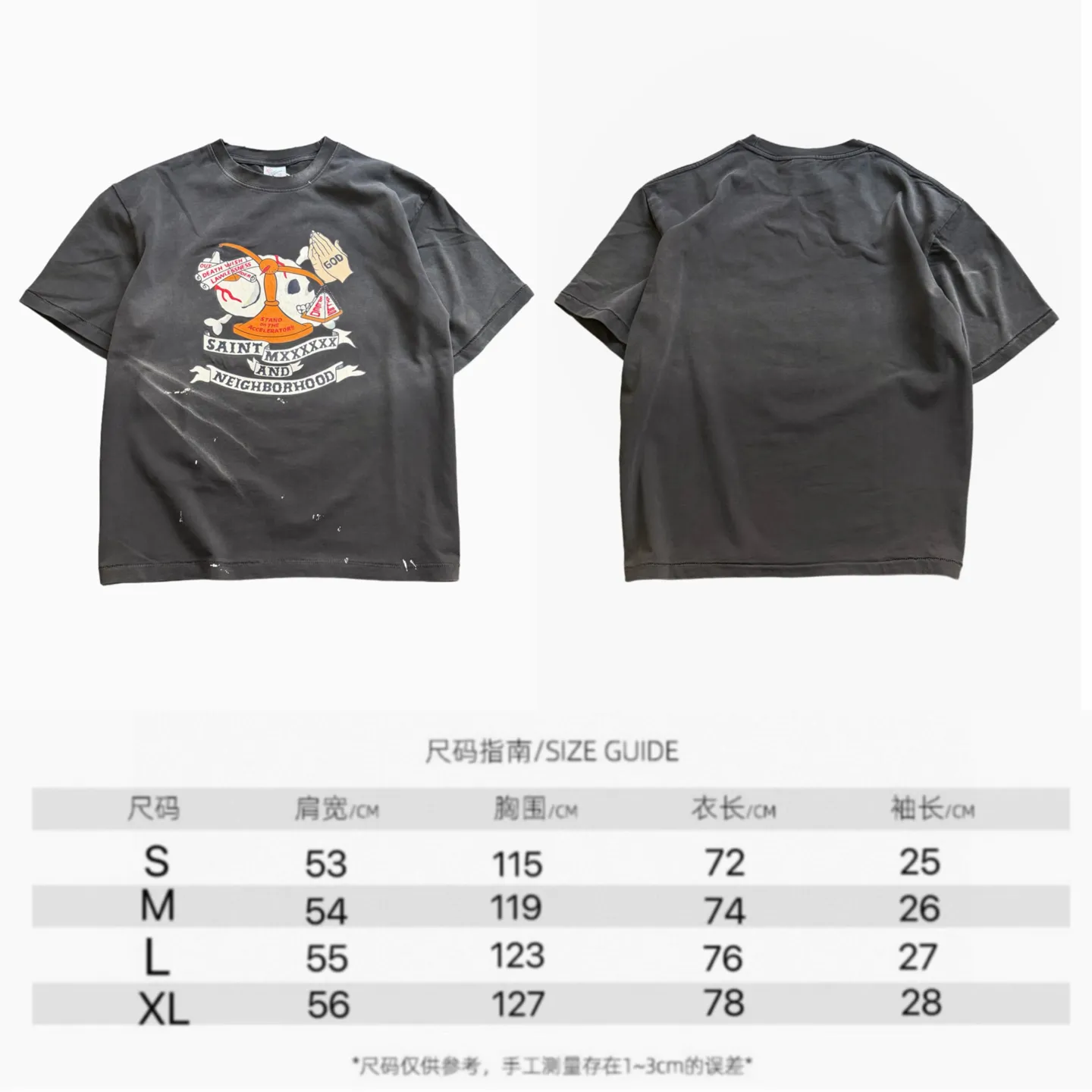 ❥8039 P146 Saint Mxxxxxx ✖️NBHD new style, made of double yarn cotton batik fabric, 290 grams, comfortable and breathable. Full of street feel, loose fit. Craftsmanship: holes + crack printing + graffiti + spray coding, batik and wash. Size: (S-M-L-XL) Color: Washed Black